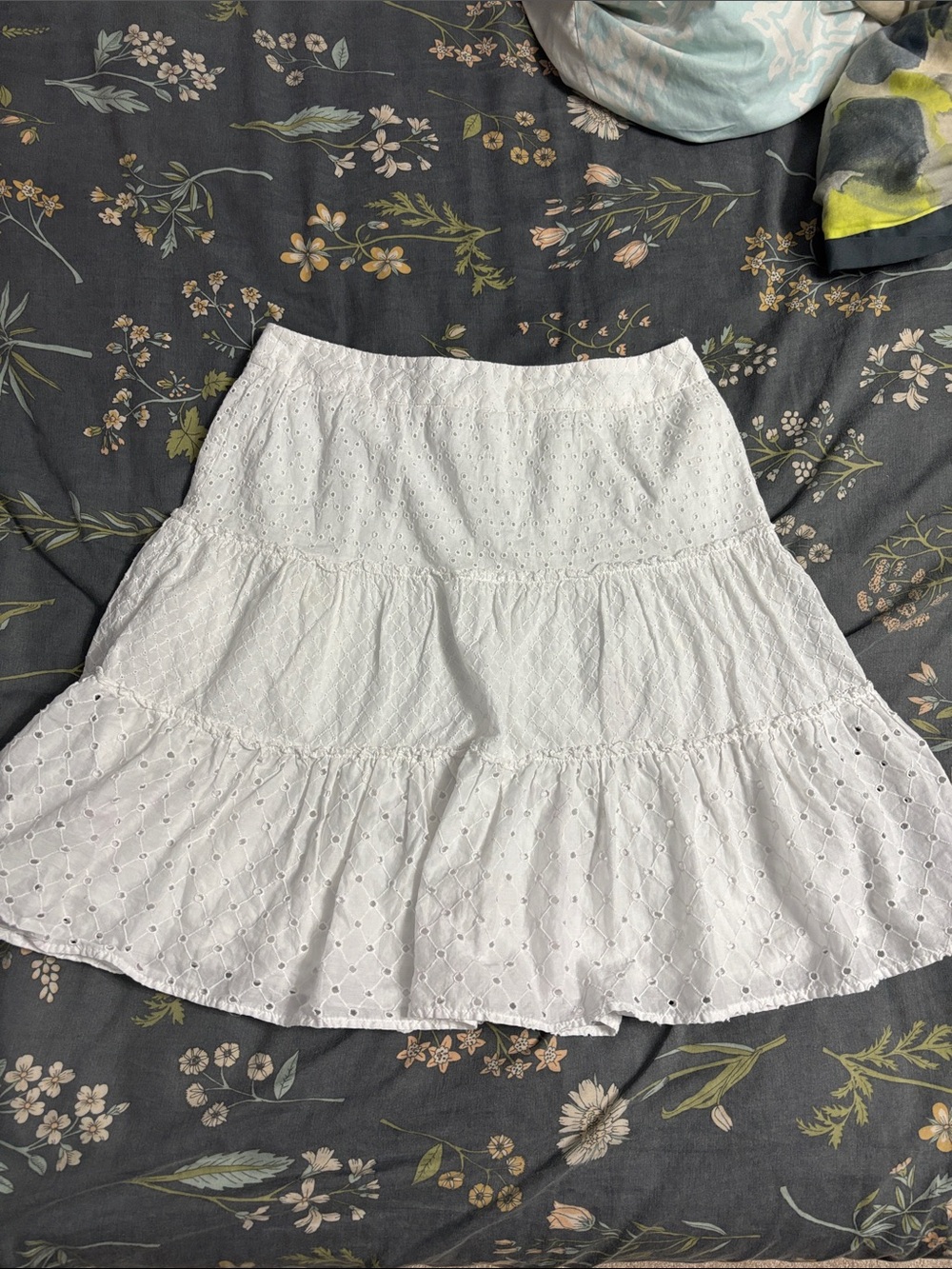Vintage Loft Eyelet Tiered Cotton A-Line Ruffle Mini Zipper Skirt White Size 2